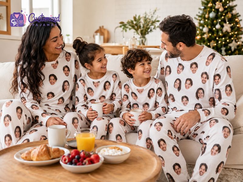 Happy family sitting on a sofa wearing matching custom face pajamas during Christmas season.