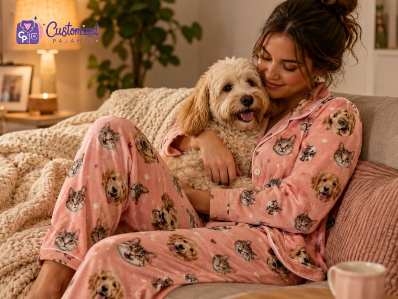 A woman sitting on a couch smiling and hugging her dog while wearing pink customized pajamas printed with custom pet faces.