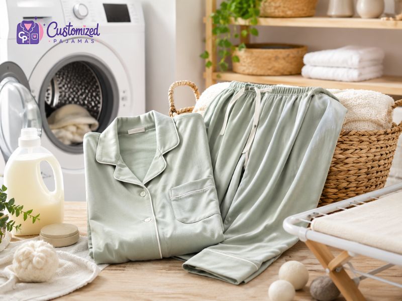 Customized sage green pajamas set folded next to a laundry basket and washing machine.