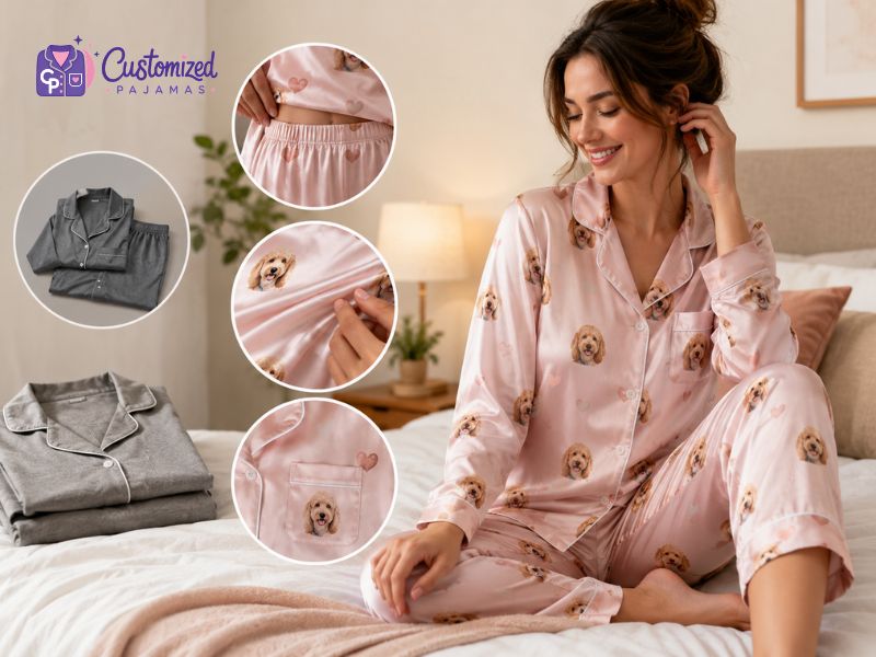 Smiling woman wearing personalized pink satin pajamas featuring custom dog face prints, sitting on a bed with product detail close-ups and grey pajamas in the background.