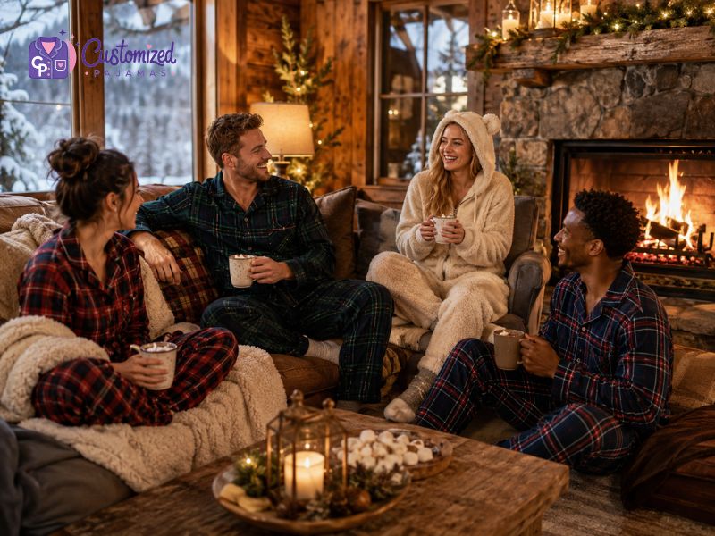 Four friends laughing and drinking hot cocoa in matching flannel plaid pajamas and a cozy fleece onesie by a fireplace.