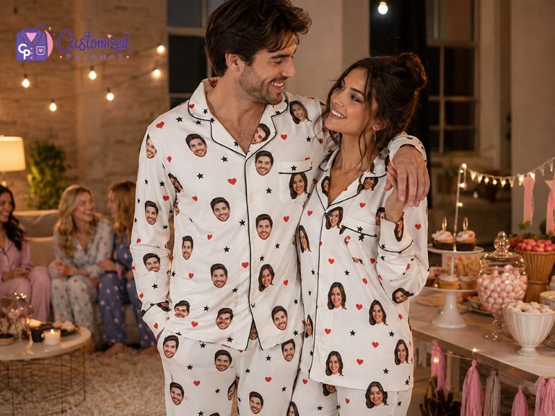 Customized pajamas with face print worn by a happy couple at a pajama party.