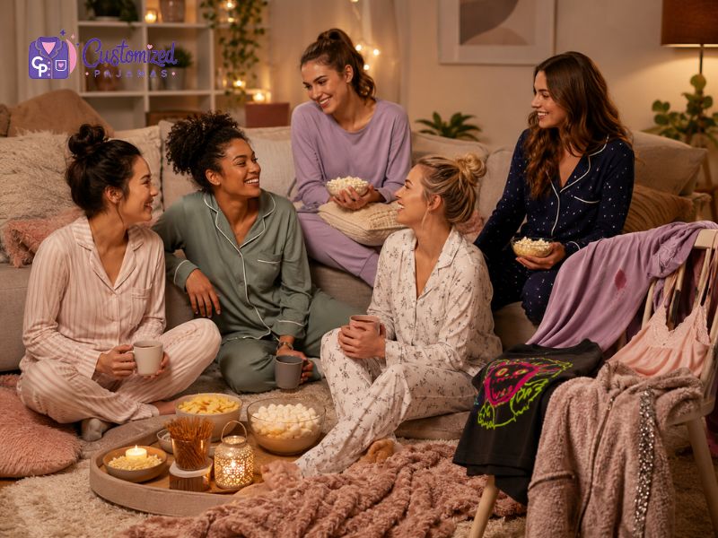 Five smiling women wearing comfortable matching silk and cotton custom pajamas having a cozy pajama party in a living room with snacks.