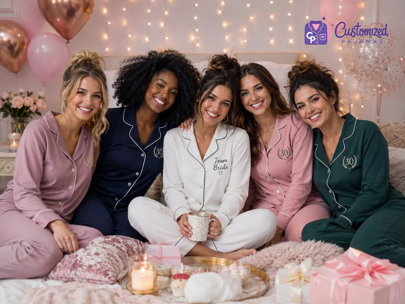 Five smiling women celebrating a 30th birthday in matching Customized Pajamas, featuring a bride in white "Team Bride" pajamas and bridesmaids in pink, navy, and green.
