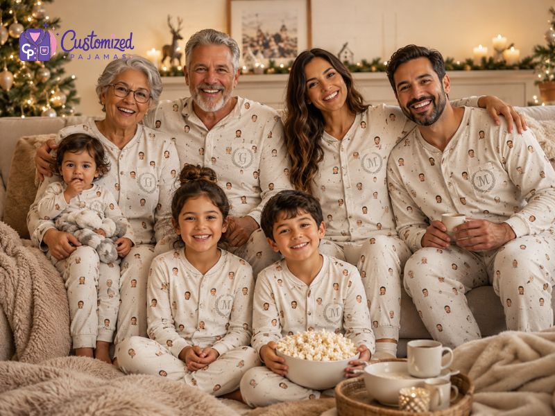 Happy multi-generational family wearing matching customized face pajamas sitting on a couch during Christmas.