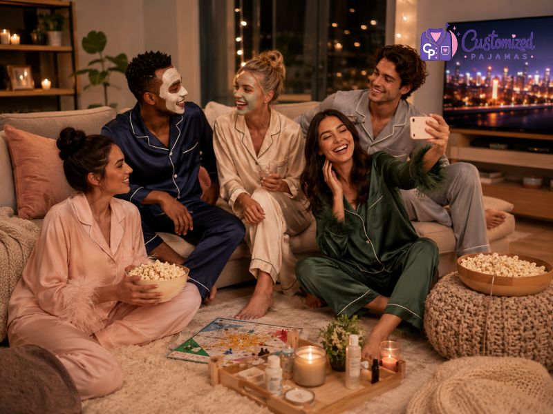 Group of friends smiling and taking a selfie in customized pajamas during a cozy movie and game night at home.