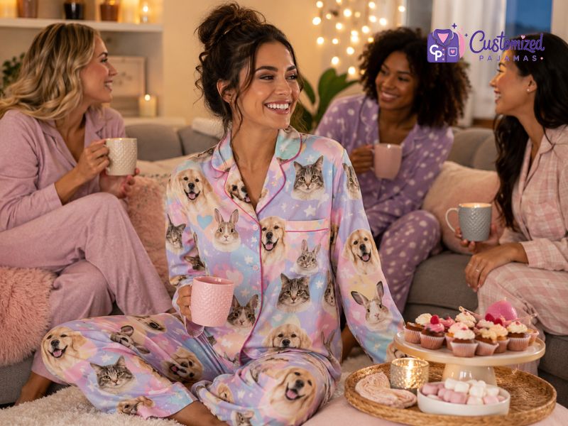 Smiling woman wearing customized pajamas printed with pet faces sitting with friends during a pajama party.