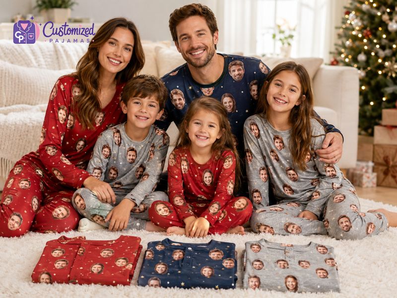 An happy family of five posing in front of a Christmas tree wearing matching pajama sets featuring multiple instances of their printed faces.