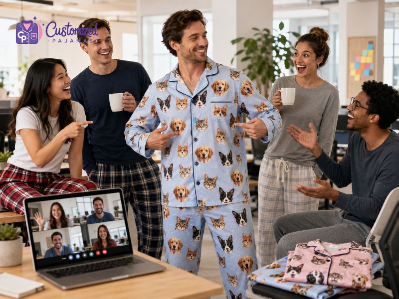 Customized pajamas with multi-pet photo print of dogs and cats worn by a man at work.