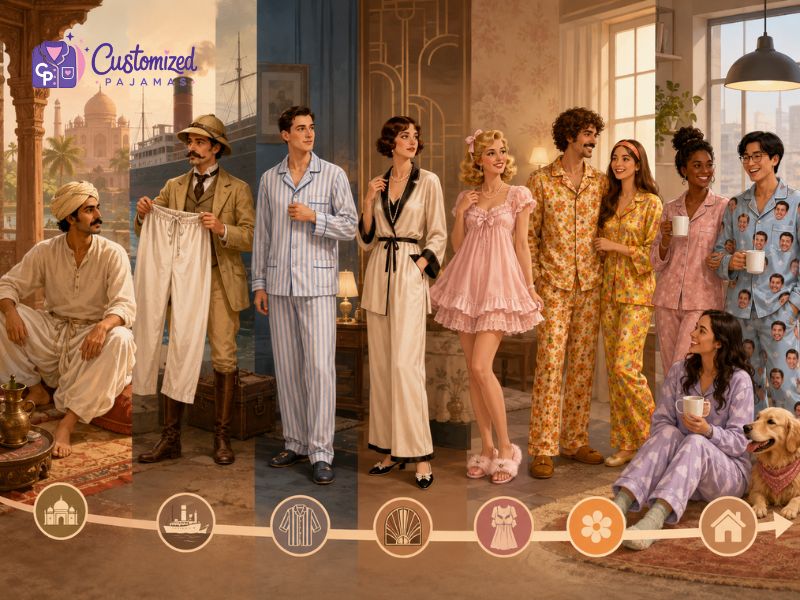A collage showing a diverse group of people wearing different styles of custom sleepwear, from classic striped sets to vintage floral and custom face print sets.