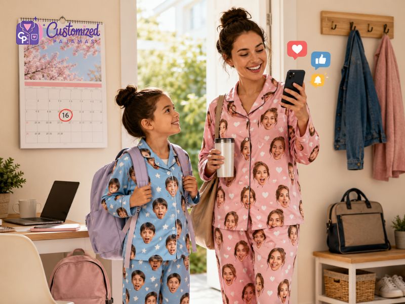 Mother and daughter wearing custom face print pajamas, standing at front door with school bags, as mother looks at phone with social media icons.