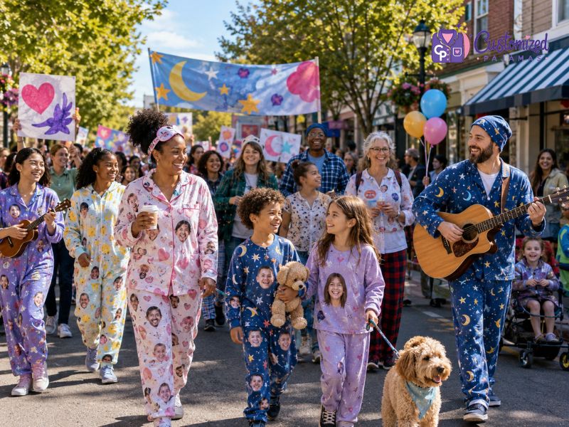 A diverse group of people participating in a street parade wearing various styles of Customized Pajamas.