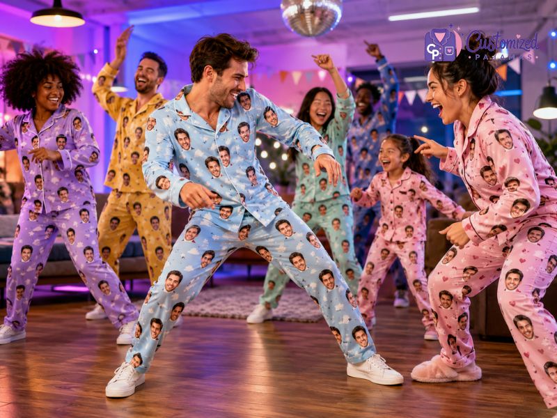 A group of happy friends and a child dancing at a party wearing matching custom face pajamas with personalized printed photos.