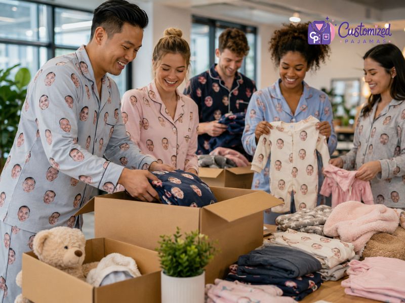 Friends smiling in custom face pajamas as they pack a box with personalized sleepwear and baby items.