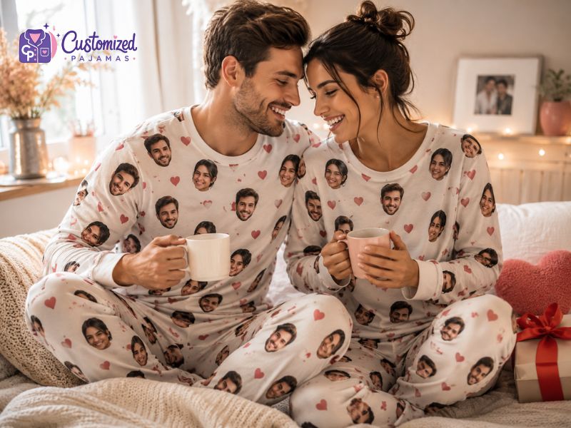 Happy couple sitting on a bed wearing matching custom face pajamas with hearts print and holding coffee mugs.